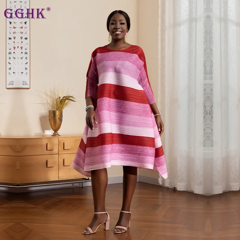 

GGHK Miyake Summer Dress 2023 New Striped Print Round Neck Seven-quarter Sleeve Loose Plus Size Skirt