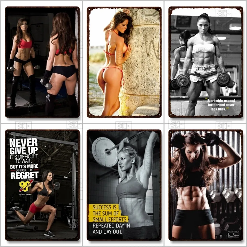 

Sexy Muscle Girl Metal Print Plates Gym Motivation Fitness Metal Tin Posters Pub Bar Sign Man Cave Wall Decor Metal Tin Plaques