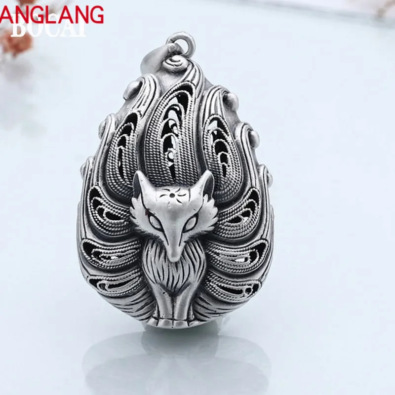 

ANGLANG Real S999 Silver Jewelry Vintage Chinese Style Filigree Hollow Nine-Tailed Fox Woman Pendant Trendy Gift