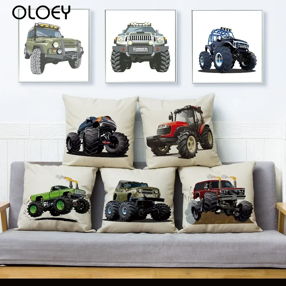 

USA Cartoon Monster Truck Car SUV Pattern Cushion Cover Linen Pillow Covers 45*45cm Pillows Case Home Decor Pillowcase