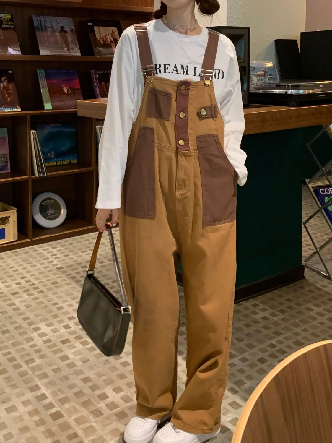 Overalls Cowboy Colorblock Design With Multiple Pockets Retro Casual Pants College Style Loose Brown Color Overalls Salopettes