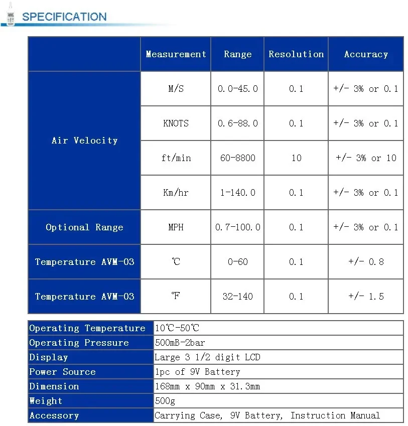 TES AVM-03 Digital Anemometer | Air Flow Meter Wind Speed Gauge 0.0–45m/s detail image 2