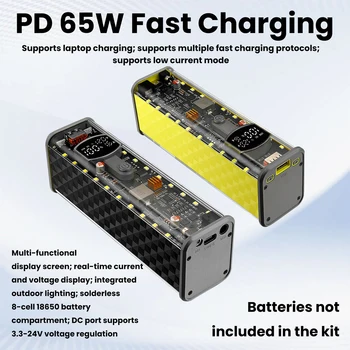 Power Bank 45W/65W PD a Ricarica Super Veloce, Custodia Fai-da-te per 8x18650 Batterie, Tensione DC Regolabile con Luce LED e Uscita USB Type-C