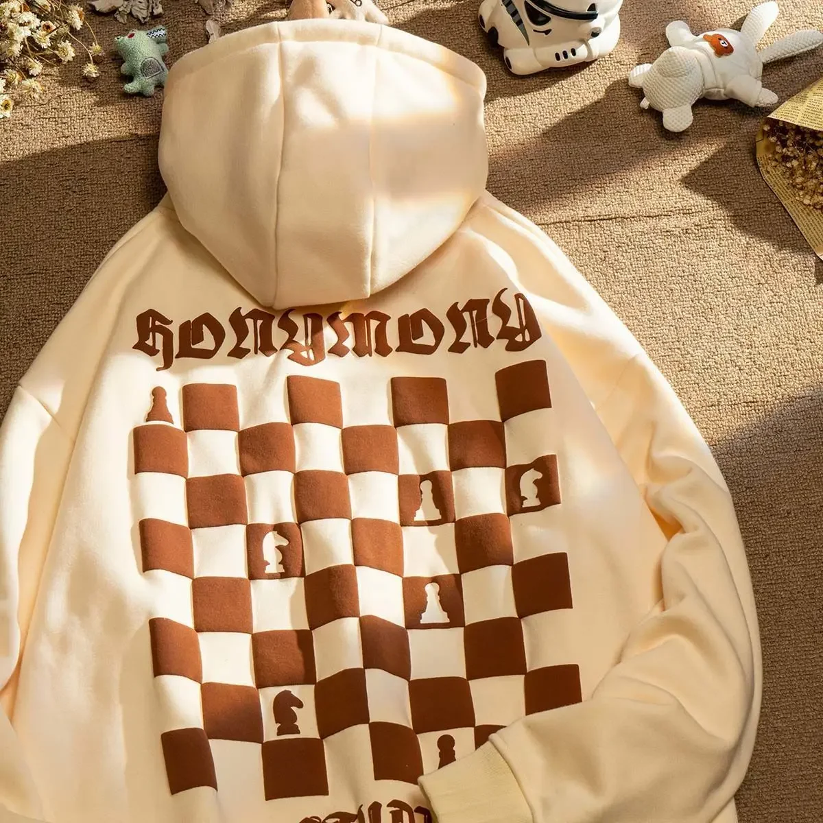 Pure Cotton Hooded Sweater Plaid Chessboard Decal Men and Women Loose High Street Jacket Couple Outfit American Style SweaterTop