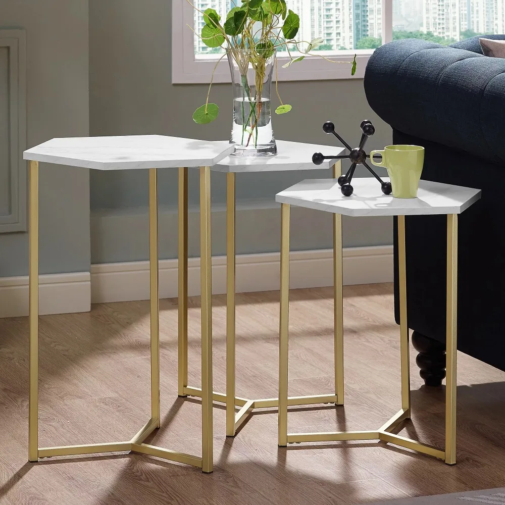 

Modern Wood Nesting Tables, Faux White Marble/Gold, Set of 3