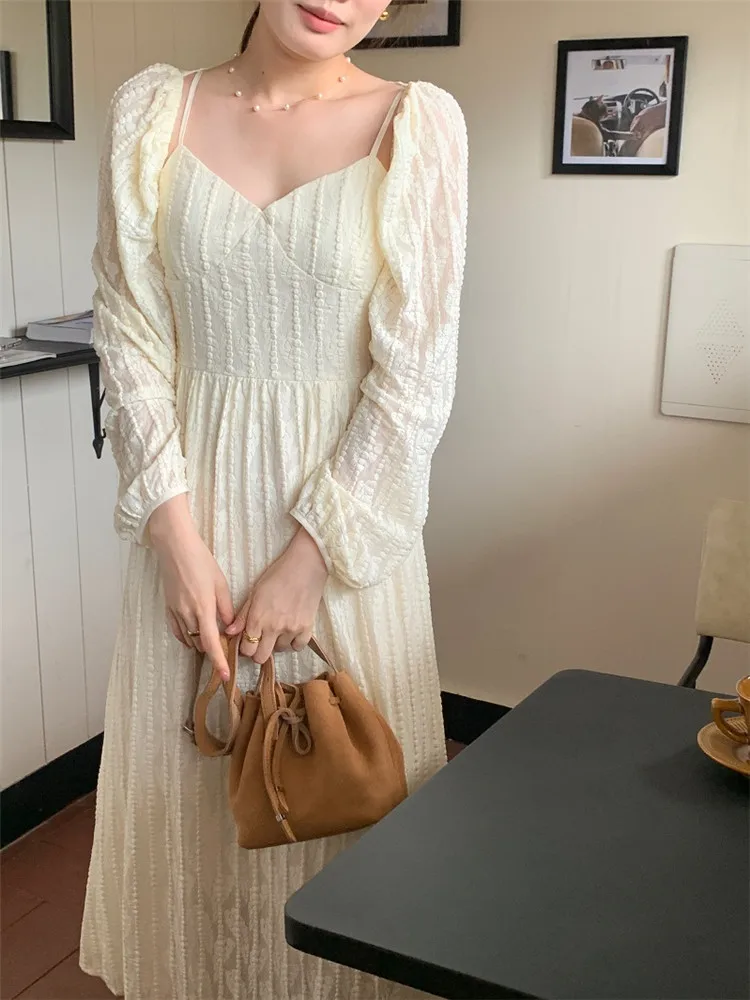 

White Dresses for Women Classy 2023 New French Shawl Suspenders Chest Wrap Streak Elegant Fashion Long Sleeve Dress Two-piece