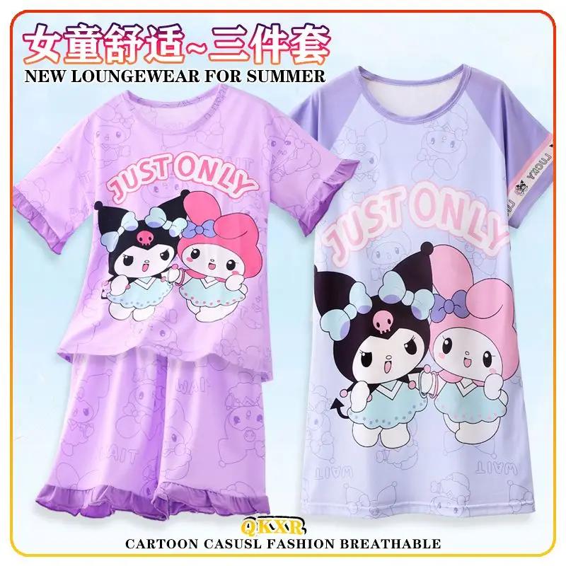 

3Pcs Kuromi Anime Kawaii Sanrio Children Pajamas Summer Cute My Melody Short Sleeve Shirt Pants Nightdress Home Set Kdis Gifts