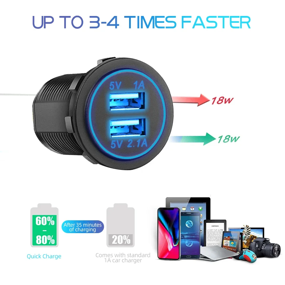 Dual USB Car Charger 5V 3.1A 12V for Vehicle Boat Truck Motorcycle