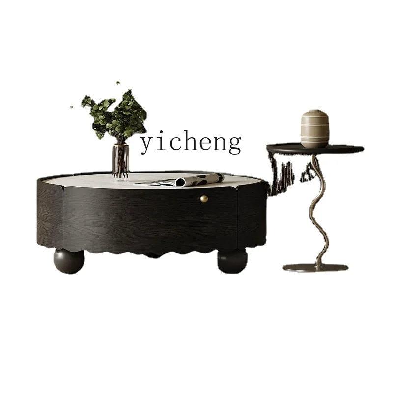 

Zk Stone Plate round Tea Table Yi Living Room Home Black Ji Ji Ji New Coffee Table High Sense