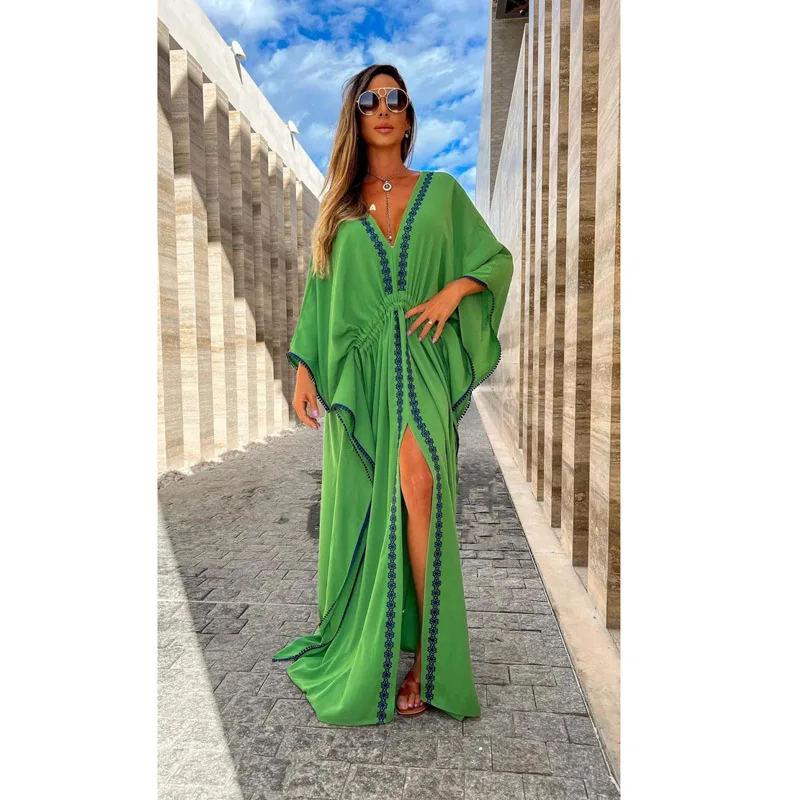 

Casual Women's Lace Up Large Loose V-neck Irregular Dress Sexy Wrinkle Split Bat Sleeve Women's Dress Sugar Vacation Dress