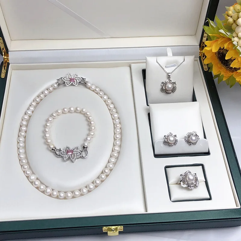 

Freshwater Pearl Necklace Pendant Earring Ring Bracelet Set Simple Fashionable All Match Jewelry