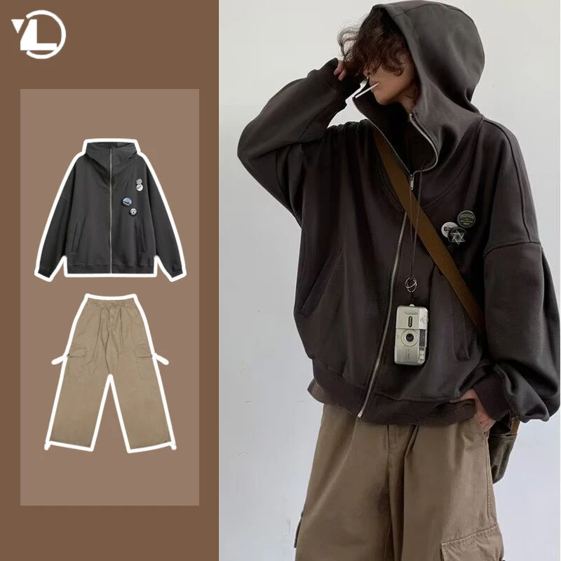 Autumn College Casual Set Men Japanese Harajuku Zipper Fleece Hoodie Jacket+Retro Wide Leg Pants 2-piece Street Fashion Suit 2