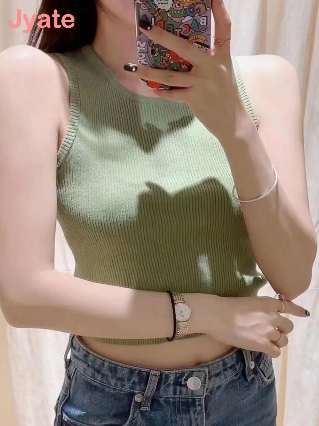 

Топ женский трикотажный в рубчик, с круглым вырезом, без рукавов