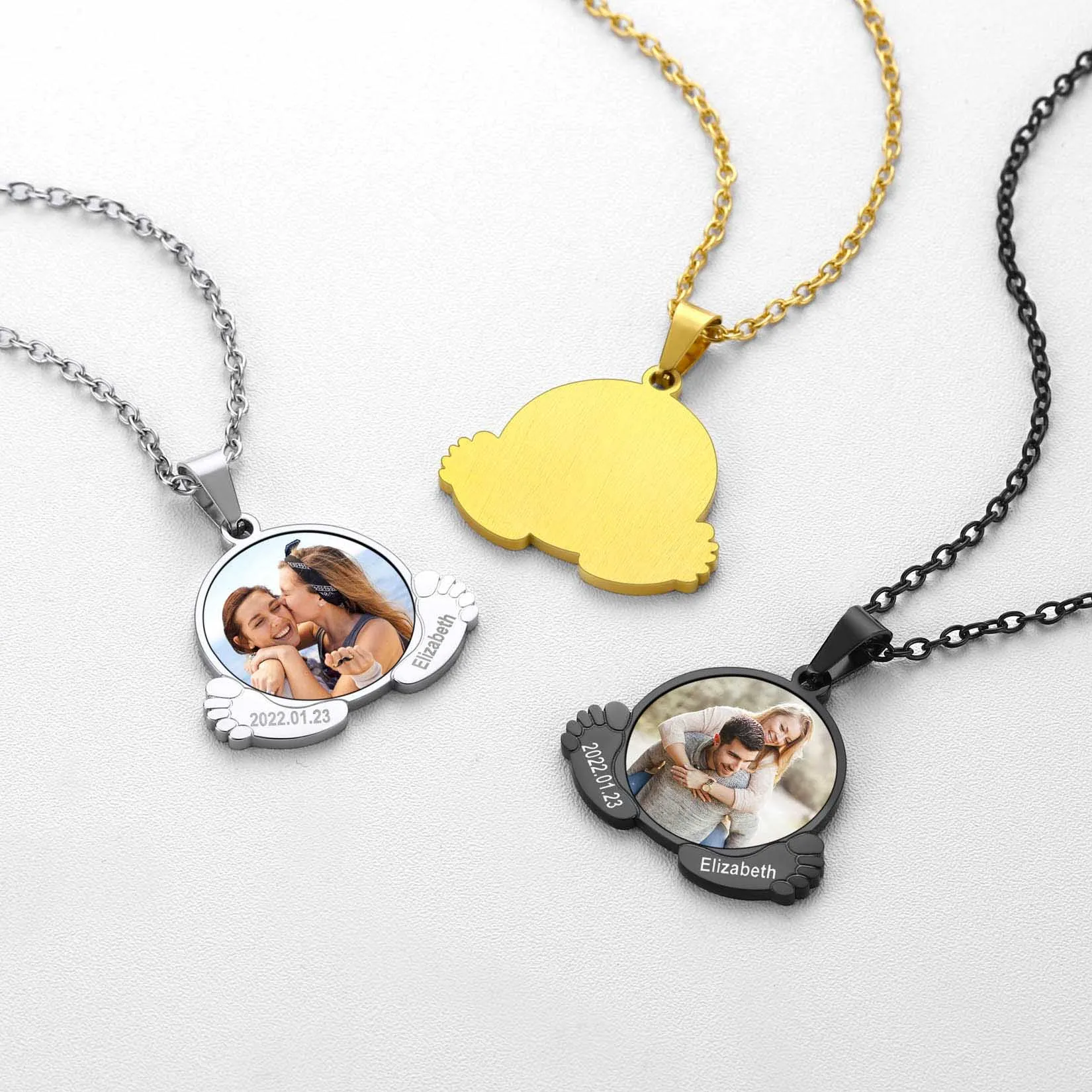 U7 Stainless Steel Personalized Photo Necklace Laser Engrave Name Birthday Date for New Born Baby Footprints Pendant Necklace
