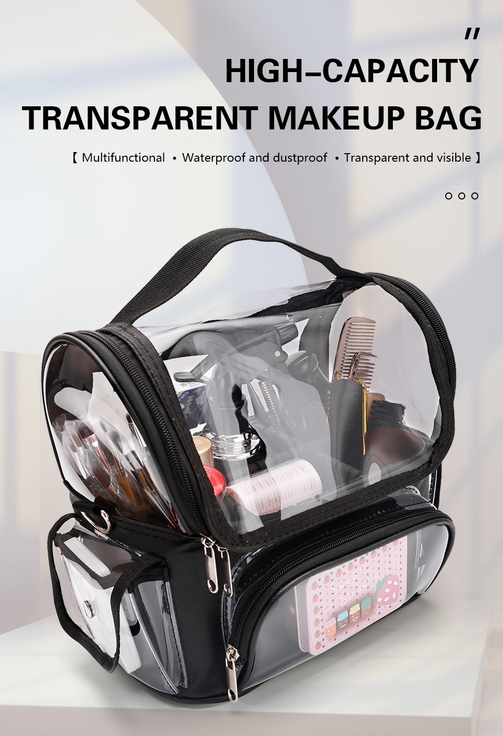 Description Picture 2 of itemProfessional with Adjustable Strap and Dividers Makeup Brush Case Makeup Artist Travel Clear Waterproof Cosmetic Organizer Bag