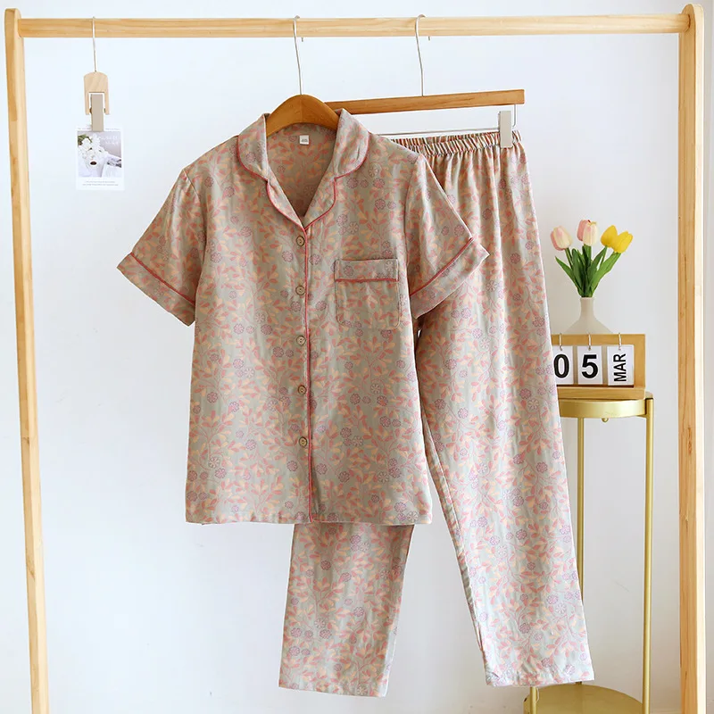 Pure Cotton Sleepwear Women's Summer Suit Two-Piece Set Night Clothes Short Sleeve Trousers Home Wear Pijamas Feminino