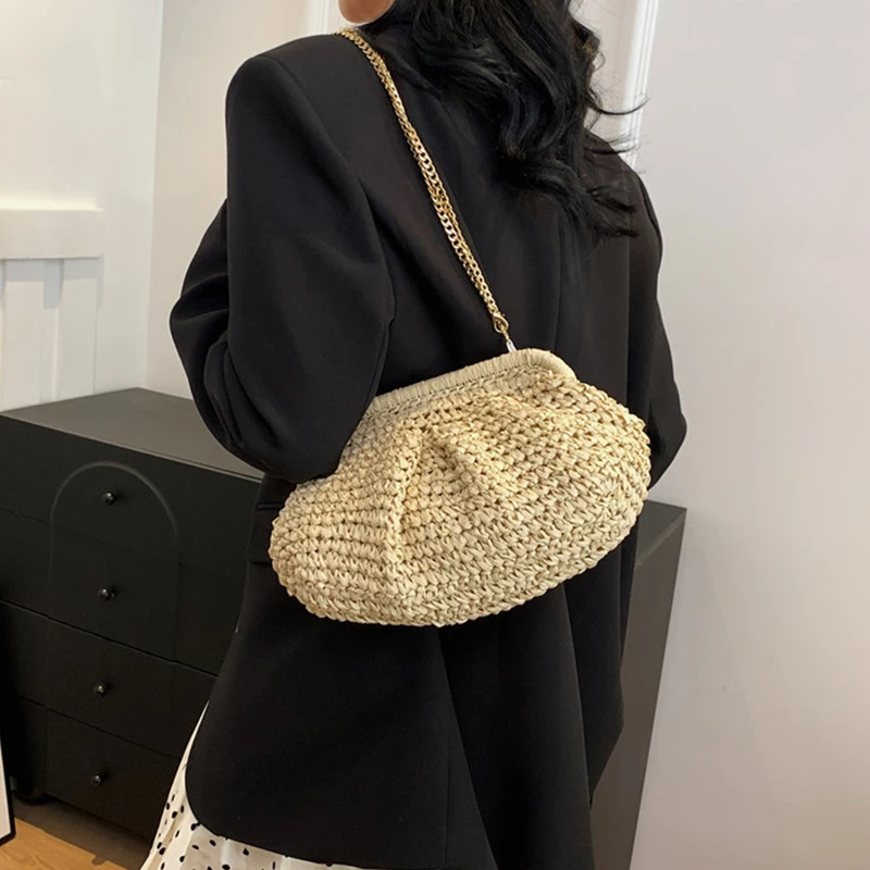 Straw Dumpling Clutch Bag Woven Straw Tote Clutch Purse For Women Summer Beach Bag Wicker Clutch Straw Purses For Women
