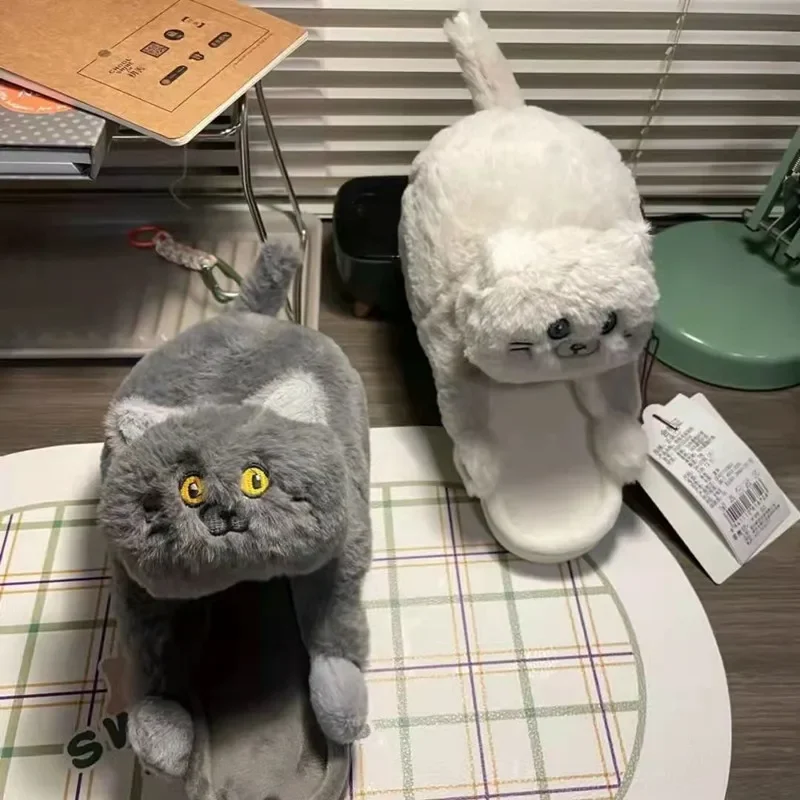 Cartoon Cat Slippers Women Men Winter Home Slides Kawaii Floor Shoes Furry Slippers Girl White Mules Funny Cute Gift Slippers