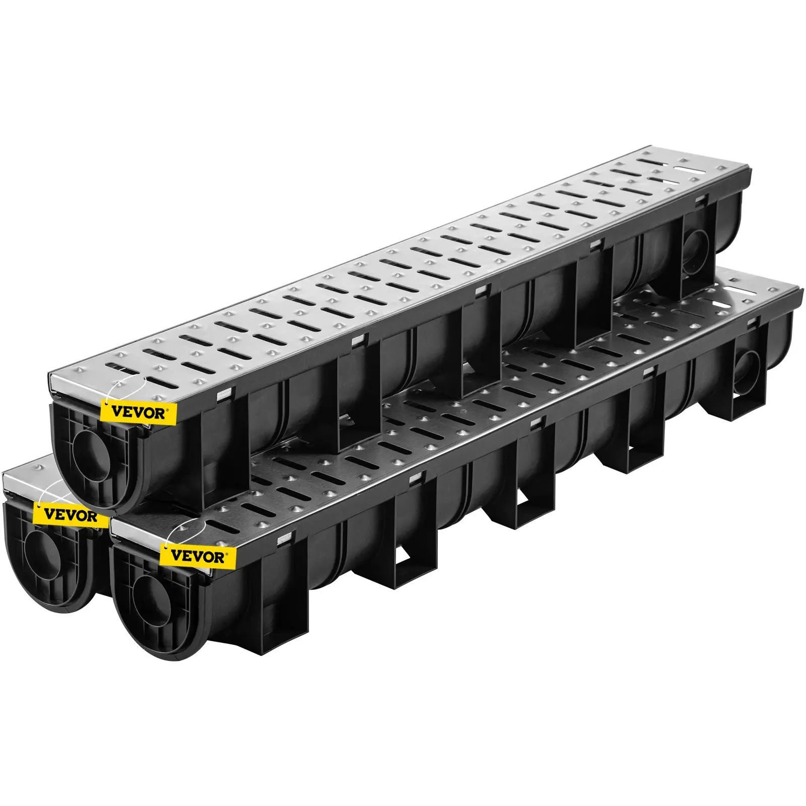 Trench Drain System, Channel Drain with Metal Grate, 5.9x5.1-Inch HDPE Drainage Trench, Black Plastic Garage Floor