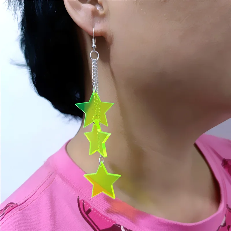 KUGUYS Acryl-Ohrringe mit langen Quasten und Sternen für Damen, Pentagramm, neongrün, niedlich, süß, modisch, Schmuckzubehör – Detail 12