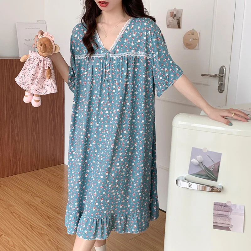 2023 New Night Dress Women Viscose Nightgowns Short Sleeve Summer Thin Pajamas Korean Style Floral Sleepshirt Loose Home Clothes
