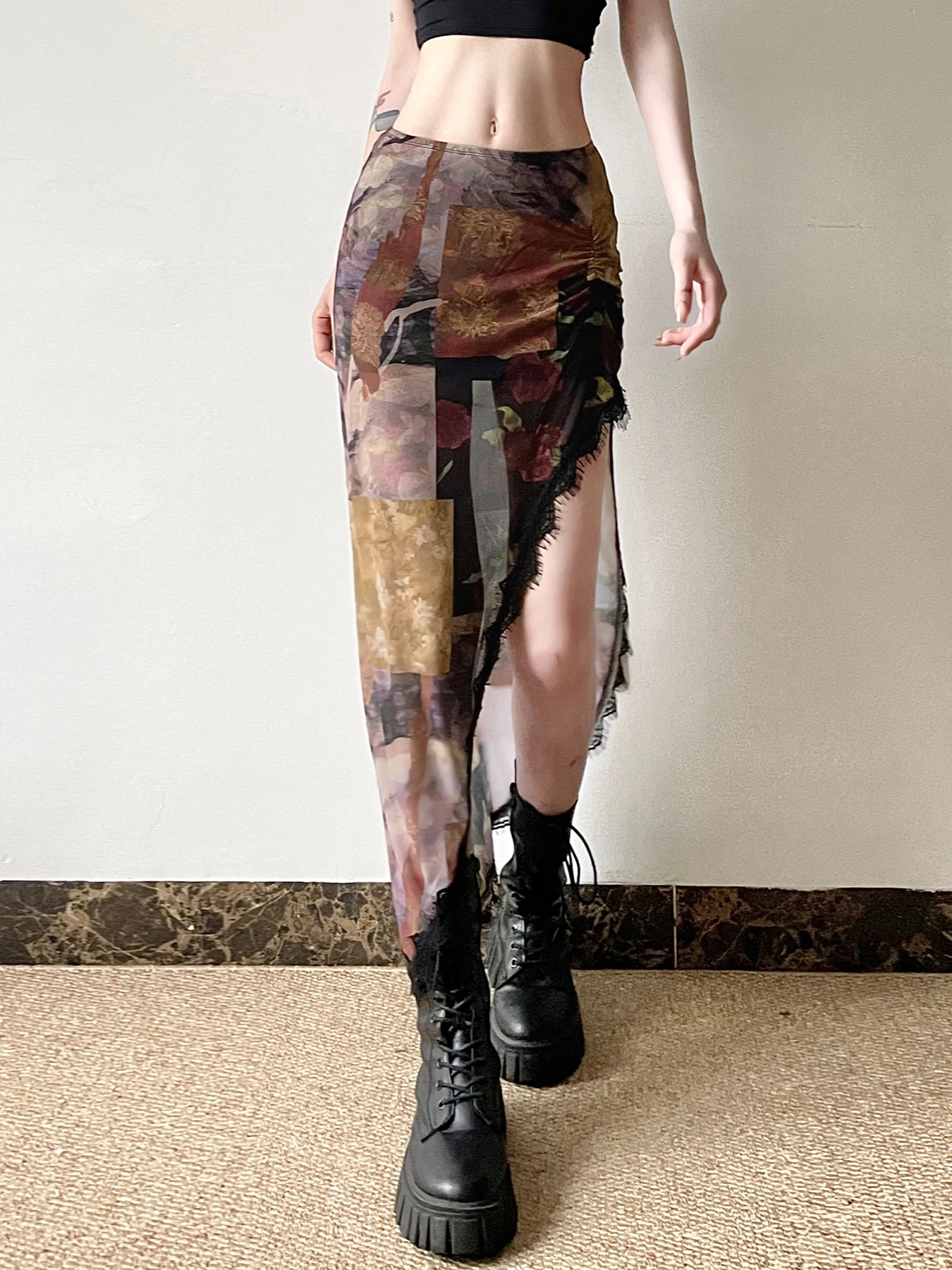 IAMSURE Vintage Printed Patchwork Lace Split Mesh Skirts See Through Mid-Waisted Maxi Skirts Women 2024 Summer Fashion Ladies