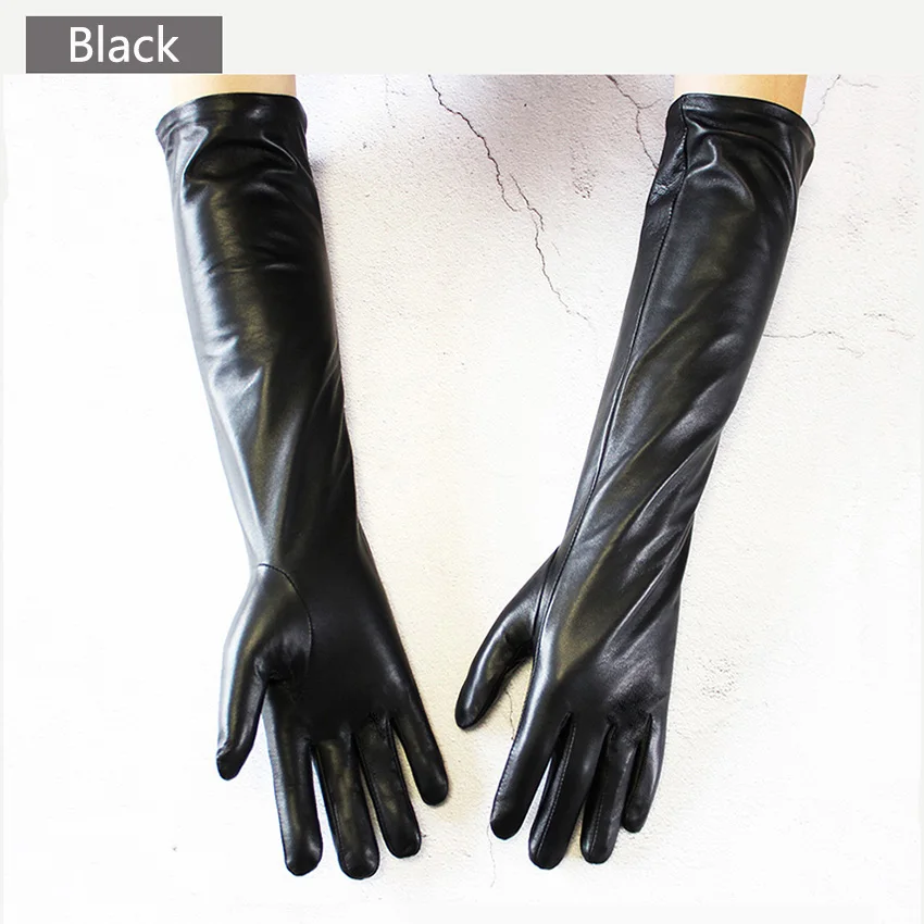 Women's Touch Screen Long Leather Gloves Thin Colored Sheepskin Fashion Stage Wear Autumn Silk Lining Sleeves