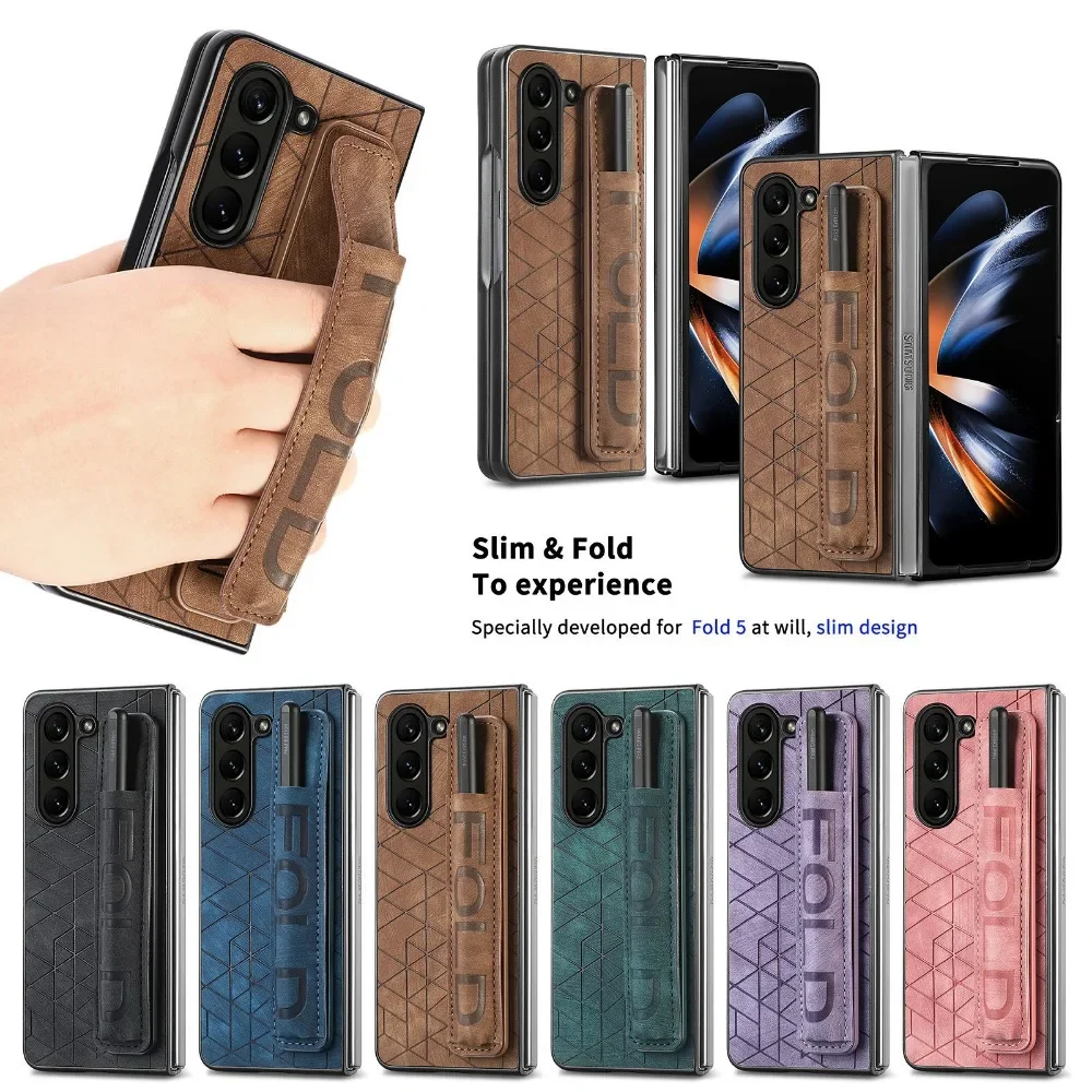 Wrist Strap PU Leather Cover for Samsung Galaxy Z Fold 6 5 4 3 5G Hard PC Phone Case with S Pen Holder & Finger Grip(no Pen) | Gaffar India