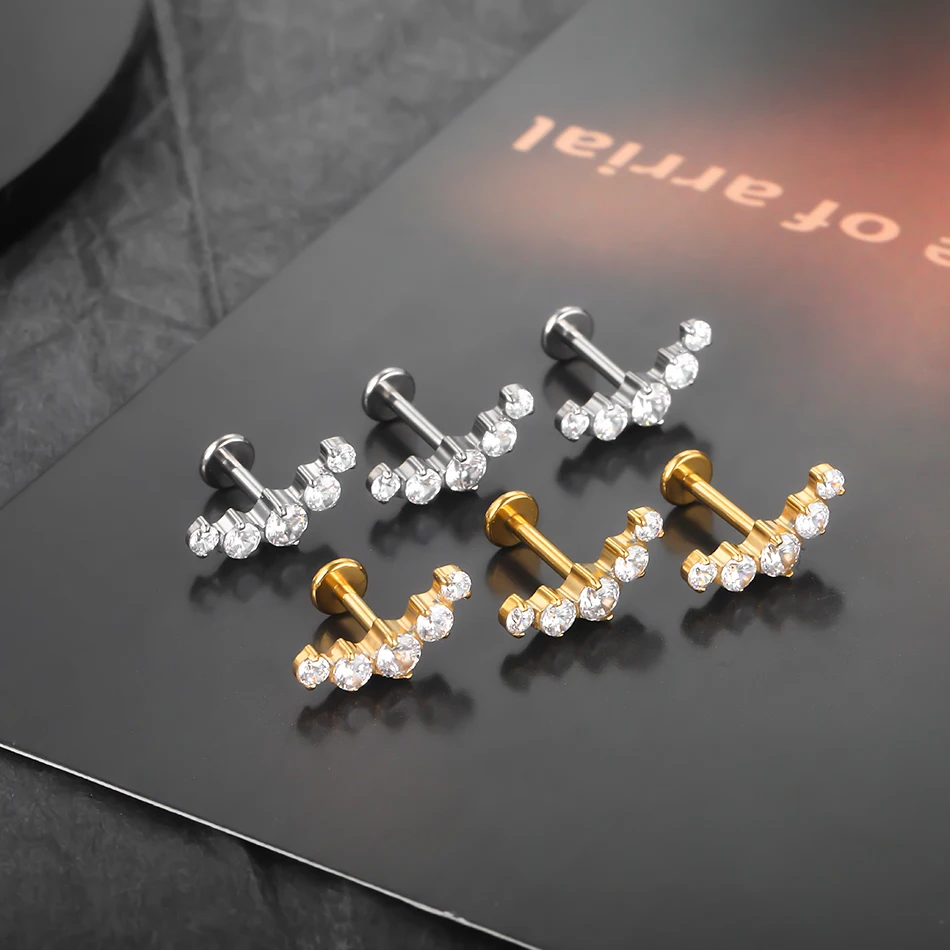 5/10Pcs Gold Plated 5 CZ Labret Lip Rings Titanium Crystal Cluster Ear Cartilage Tragus Helix Daith Conch Piercings Jewelry 16G