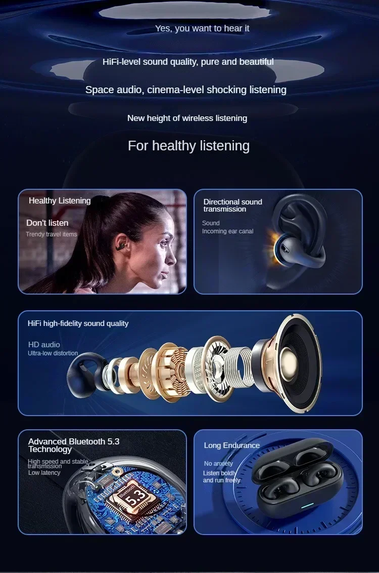 Description Picture 4 of itemNEW Bluetooth 5.3 Wireless Bone Conduction Headphones T75 Clip Ear Music Noise Canceling Headset HD Call Sports Gaming Earphone