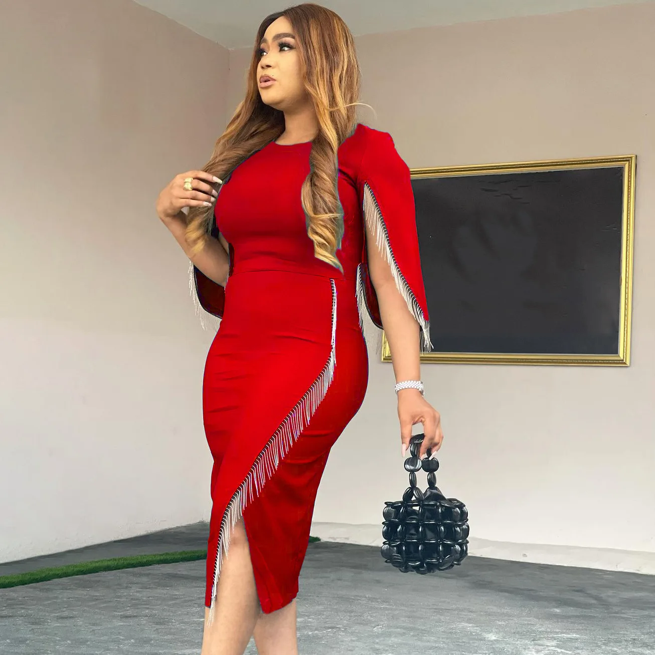 

Autumn Elegant Dress Women Fashion Office Ladies Soild Tassel Slim Dress Women