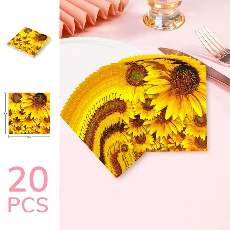 Printed Tissues In Stock Summer Sunflower Printed Tissues Party Eco-Friendly Fragrance Free Disposable Napkins 20 Sheets