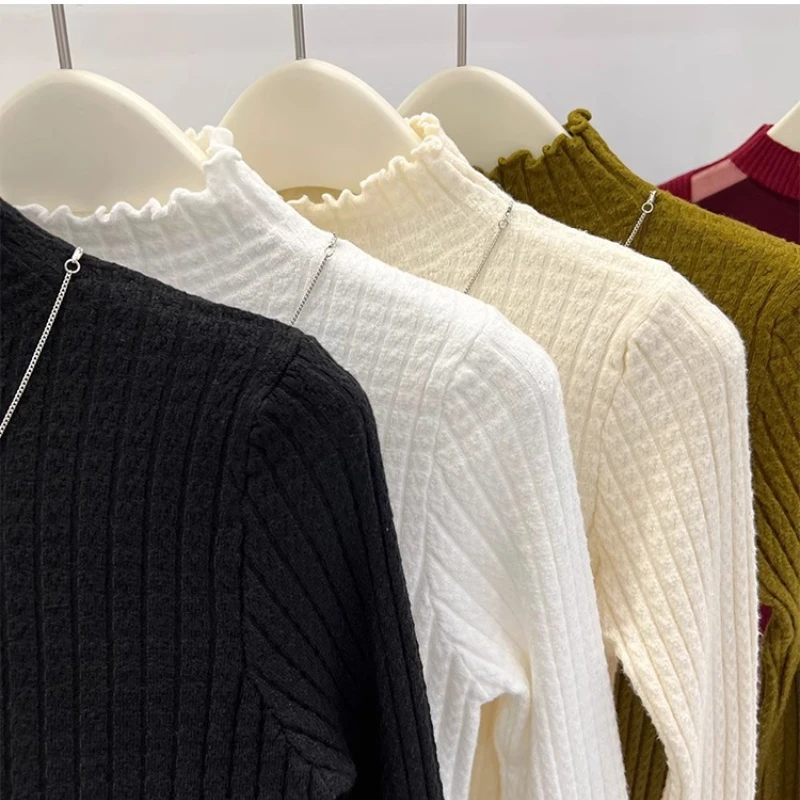 Autumn and Winter Fashion Women's Clothing Lady's Semi-turtleneck Fungus Edge Long-sleeved Sweater Slim Knitwear Bottoming Shirt