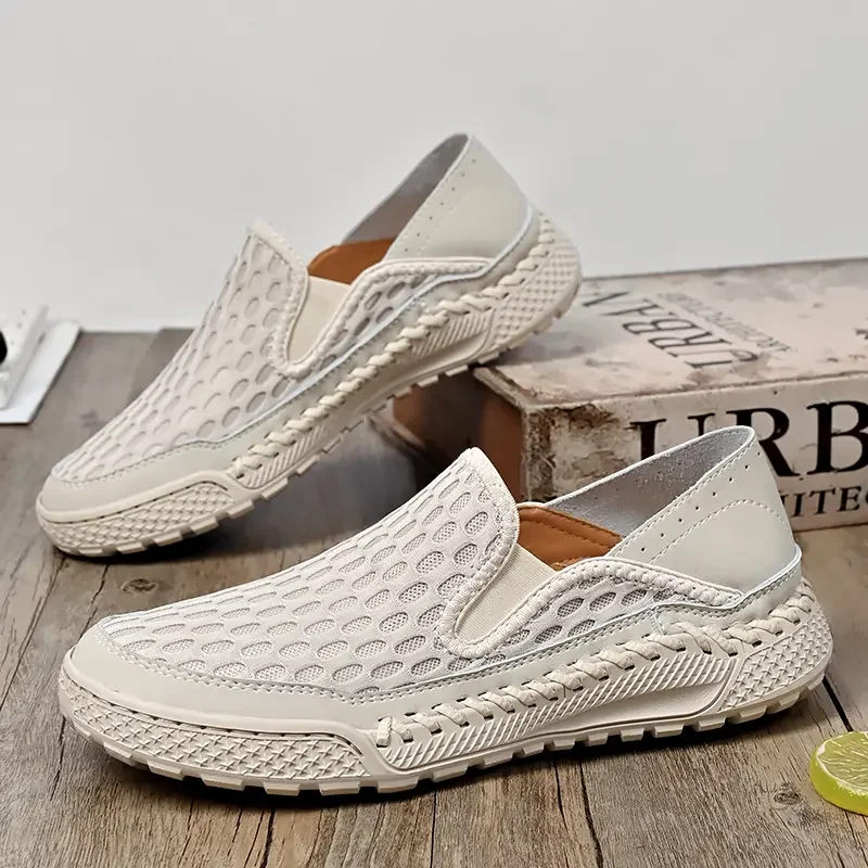 Men Handmade Mesh Breathable Shoes Summer Round Head Solid Colour Non-slip Loafers Lightweight Comfortable Soft Sole Sneakers 3