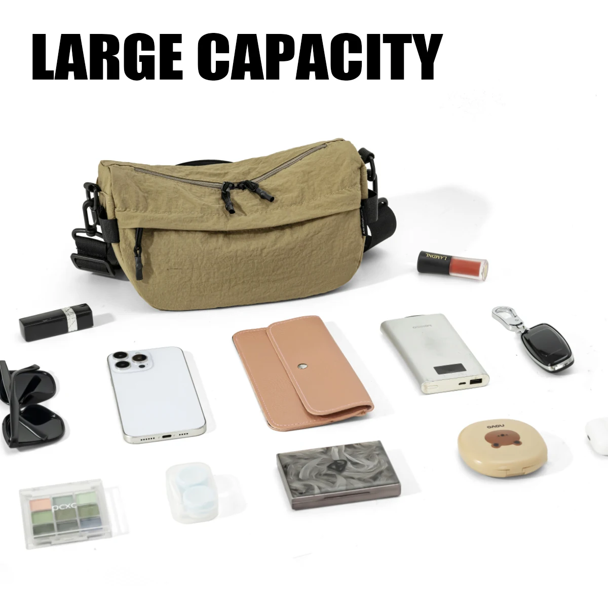 Japanese-Style Waterproof Lightweight Nylon Crossbody Bag, Lightweight Casual Multi-Pocket Unisex Phone Bag, Small Square Bag, Trendy for Hiking and Shopping