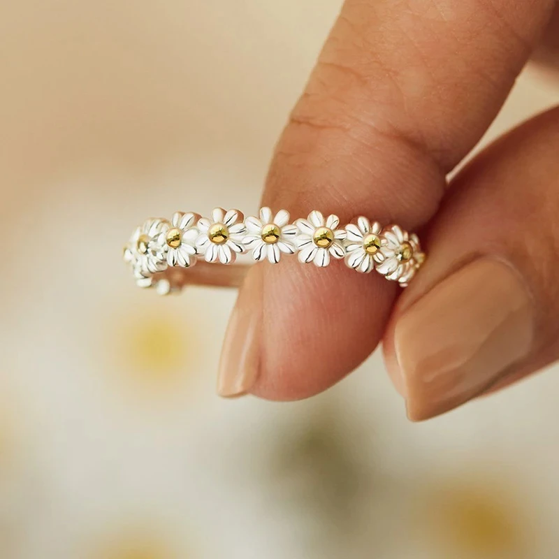 Vintage Daisy Rings Flower Adjustable Open Cuff Wedding Engagement