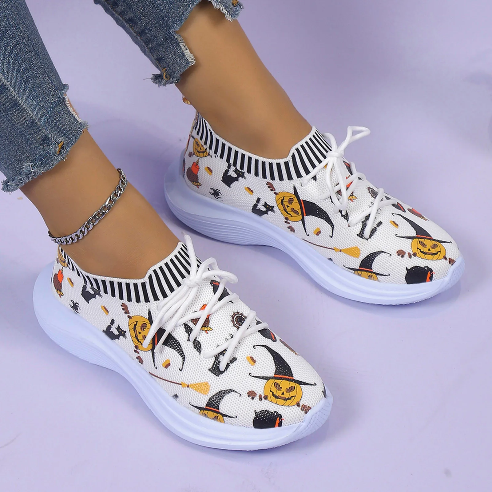 

Women Shoes Sneakers Halloween Print Breathable Knitted Mesh Thick Sole Sports Shoes Ladies Platform Sneakers Chaussure Femme