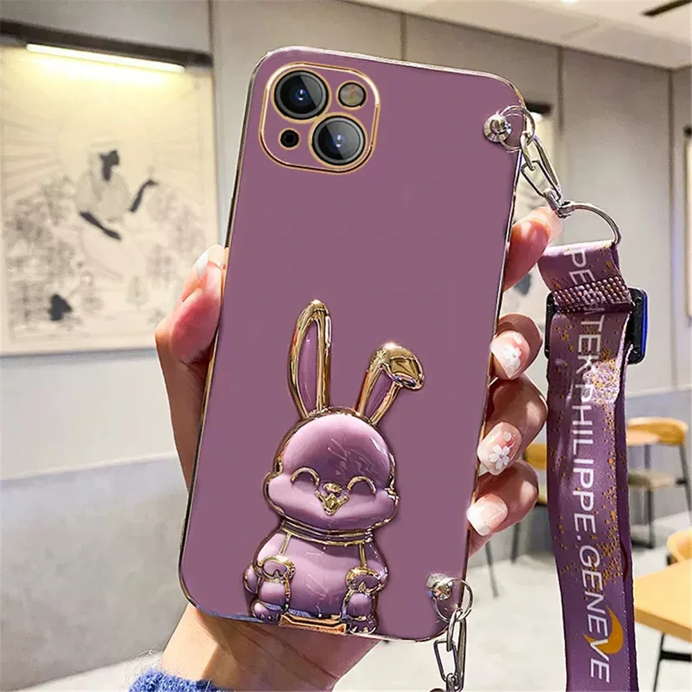 Crossbody Lanyard Rabbit Bracket Plating Silicone Phone Case