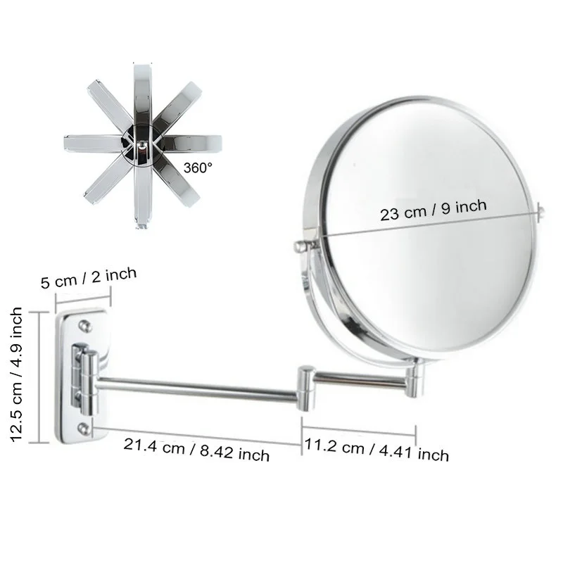 9" Wall Mounted Makeup Mirror,1X/10X Magnification Double Sided Vanity Mirror 360 Rotating Extendable 5