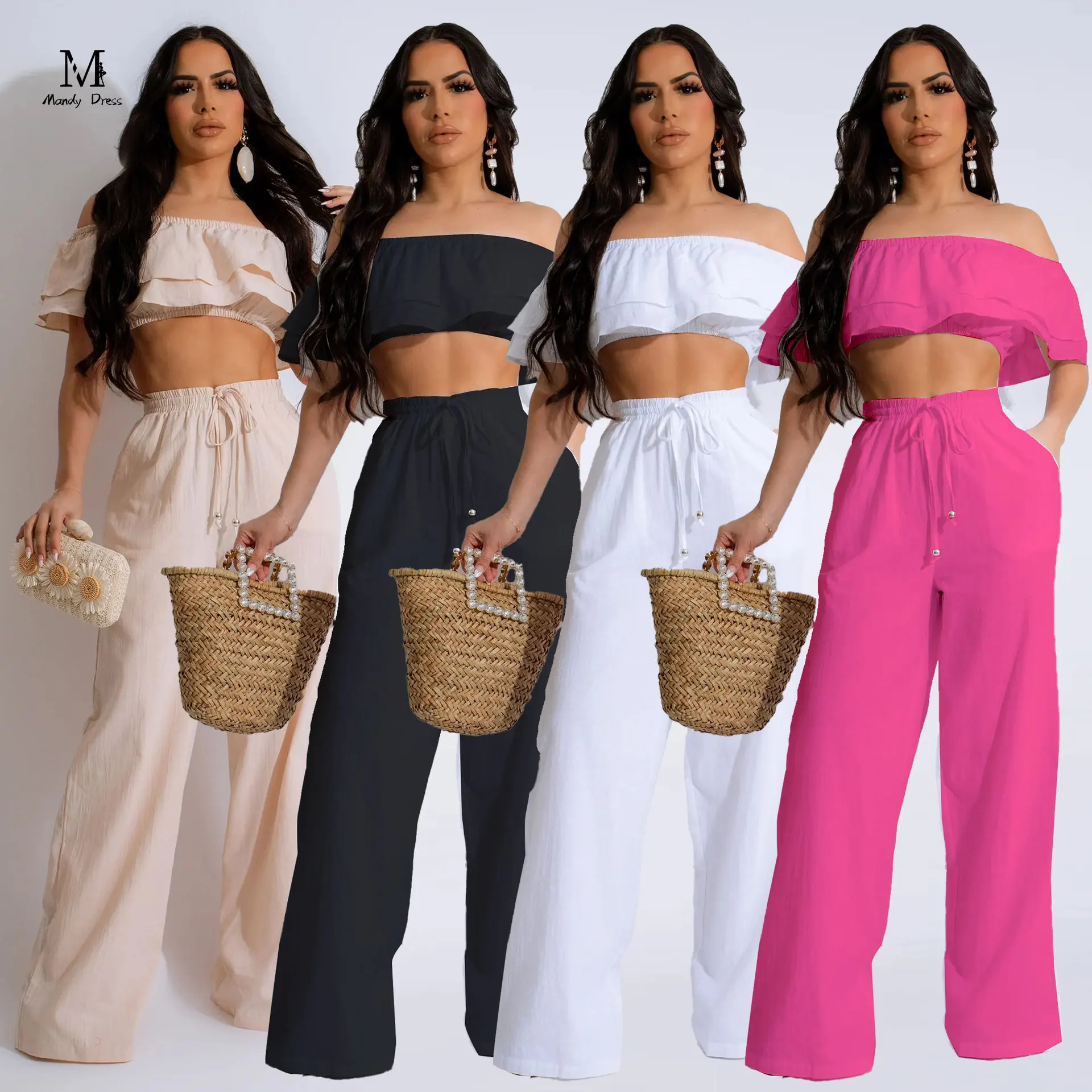 Summer Sexy Women 2 Piece Set Ruffles Crop Tops Wide Leg Pants Solid Color Fashion Loungewear Lady Two Piece Outfits