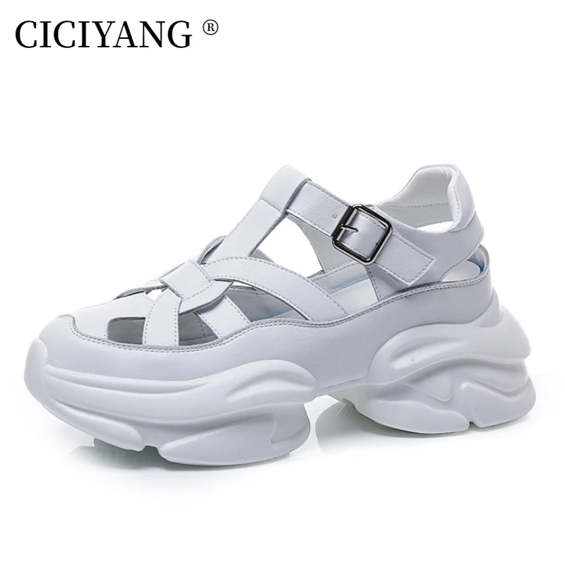

CICIYANG Summer Women Sandals Genuine Leather 2023 Platform Mujer Comfy Fashion Ladies Buckle Chunky Heel Openwork Weaving Shoes