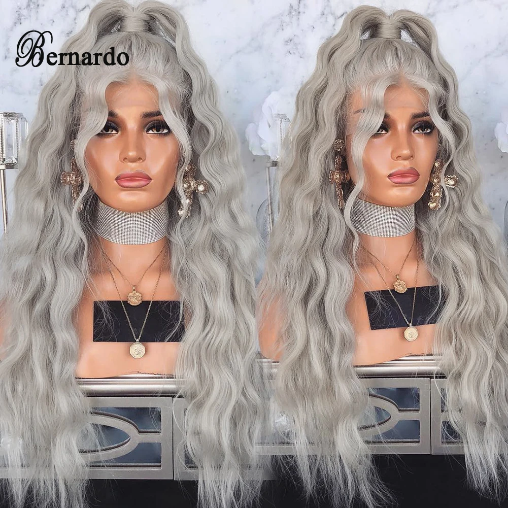 Bernardo Water Wave Synthetic Lace Front Wig Silver Grey Lace Frontal Wigs for Women Natural Hairline 26 Inches Long Wavy Hair