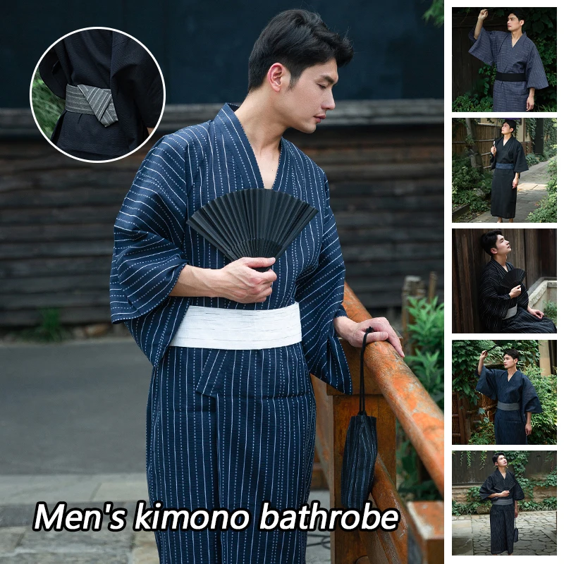 Traditional Japanese Kimono Samurai Costume Yukata Summer Men Long Robes With Belt Cotton Pajamas Set Male Sleepwear Bathrobe