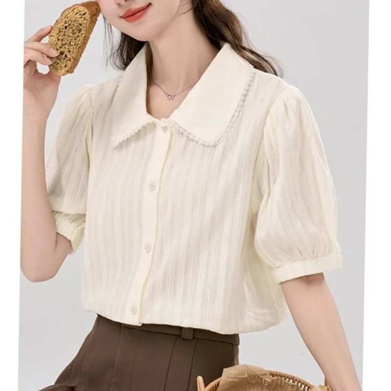 Temperament French Style Summer Solid Women's Peter Pan Collar Lace Single Breasted Puff Sleeve Sweet Short Sleeve Loose Shirts
