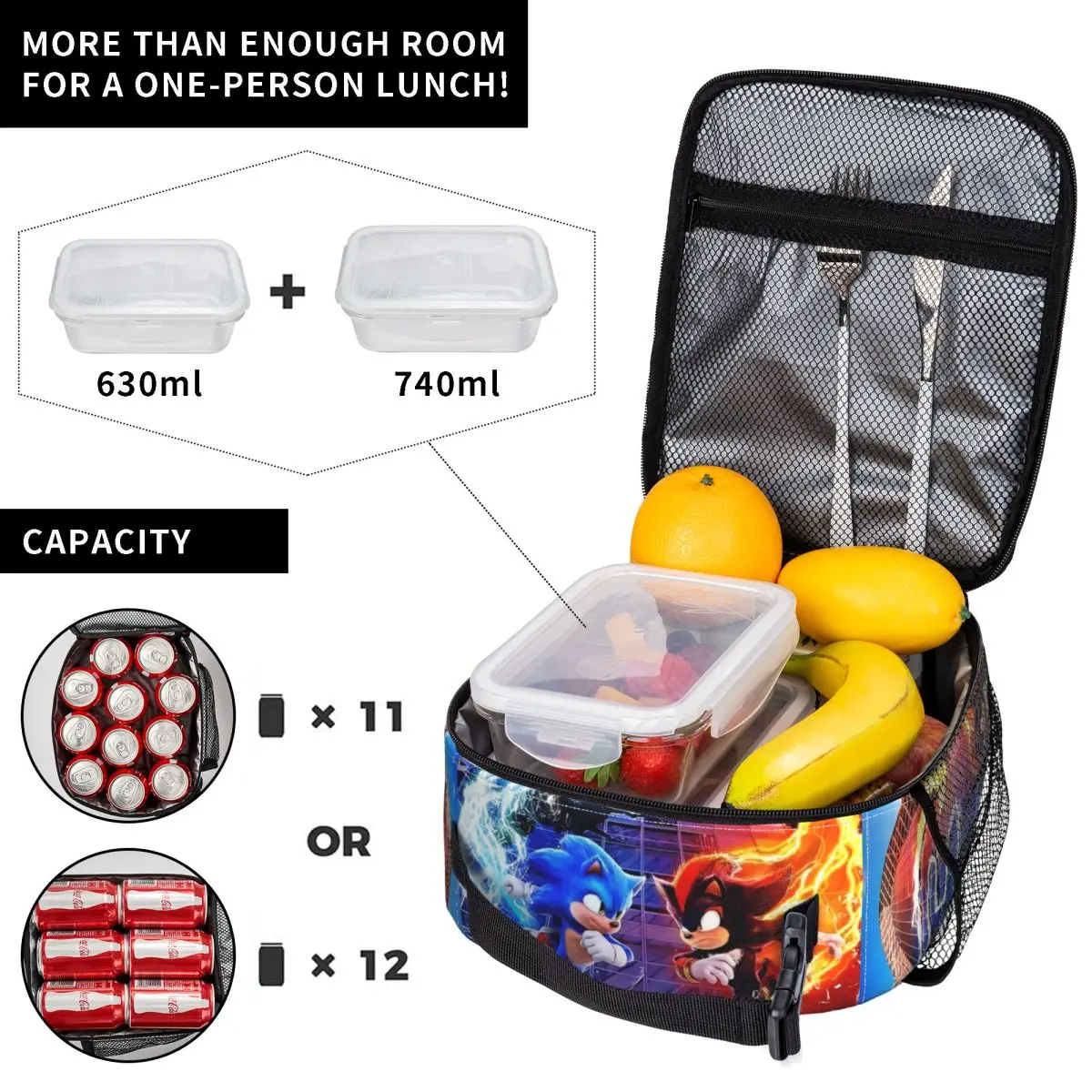 S-SonicS Insulated Lunch Bags Storage Food BoxThe Hed gehog Portable Shadows Thermal Cooler Bento Box For School Office 5