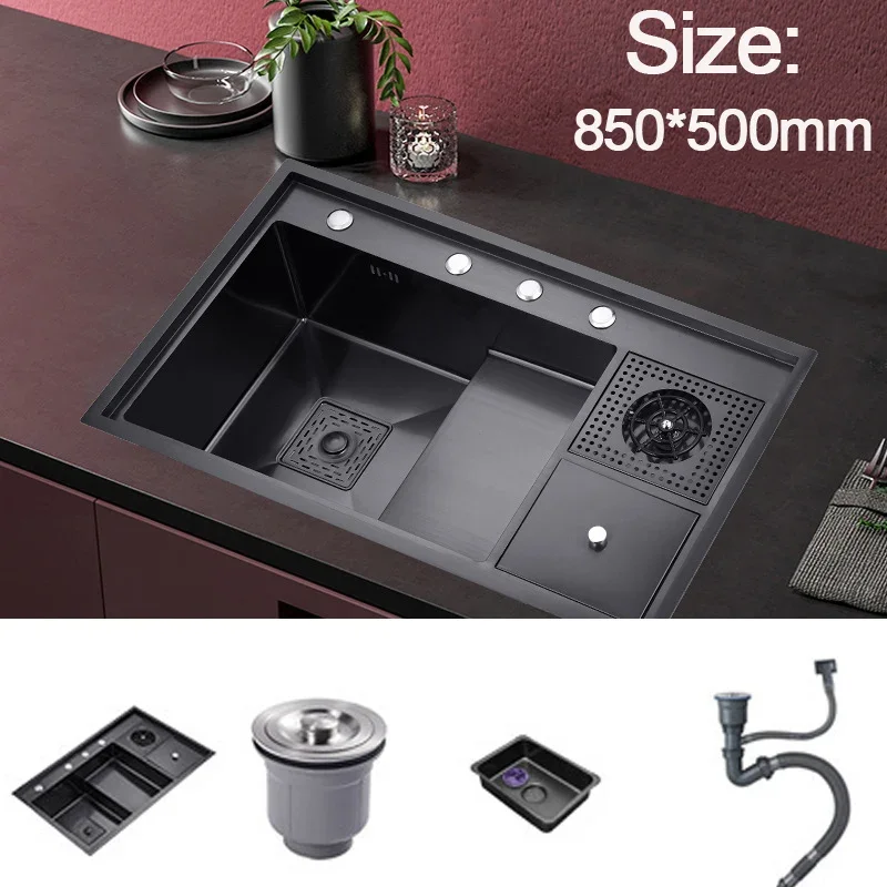 850*500mm Stainless Steel Cup Washer Sink Kitchen Multifunctional Black Diamond Nano Large Single-slot Step Vegetable 5
