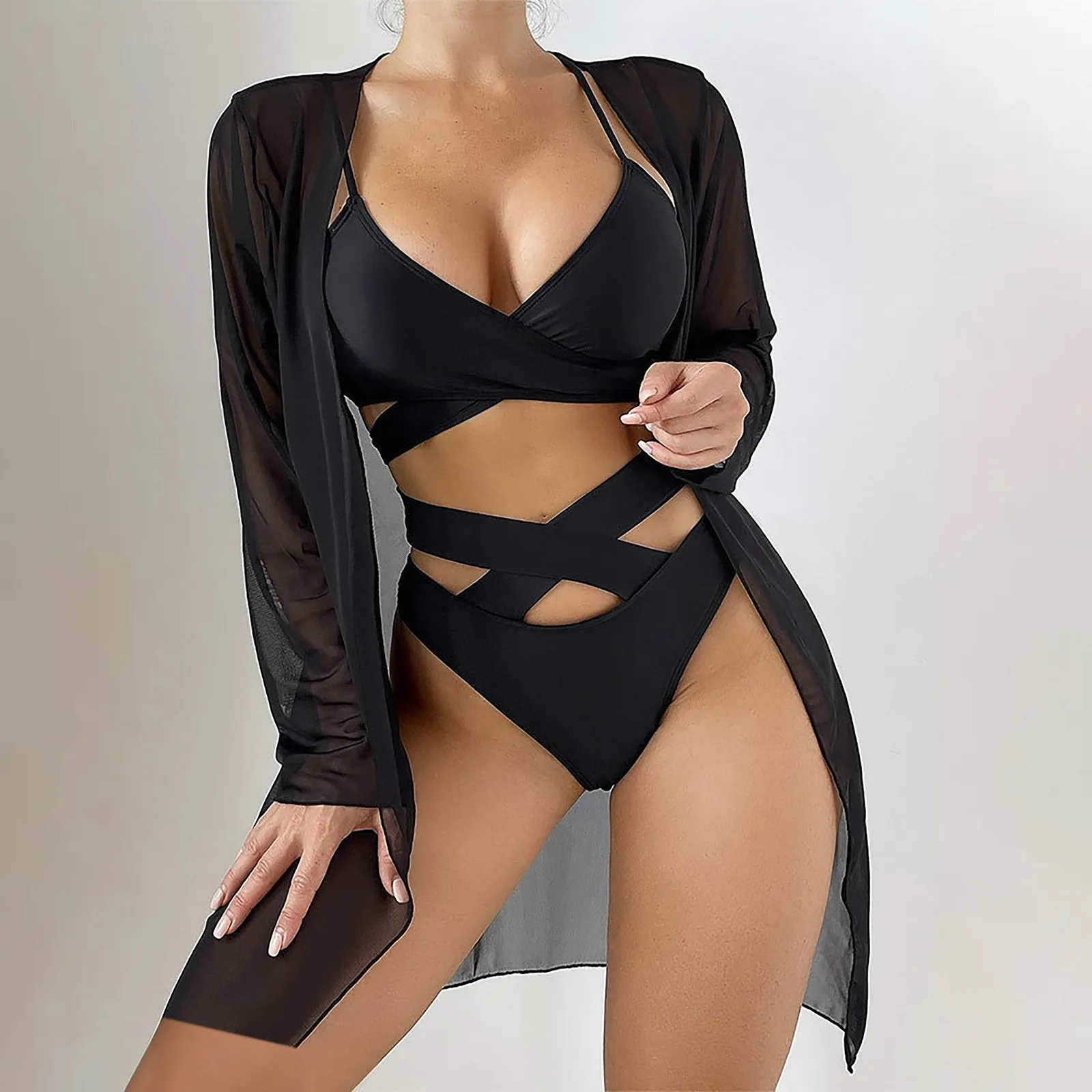 

Женский кардиган, Пляжная накидка, однотонное бикини, комплект из трех предметов, блестящий топ бикини