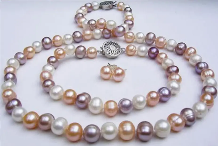 

new natural 8-9mm mixed-colour pearl Necklaces Bracelets Earrings sets 20" 7.5"