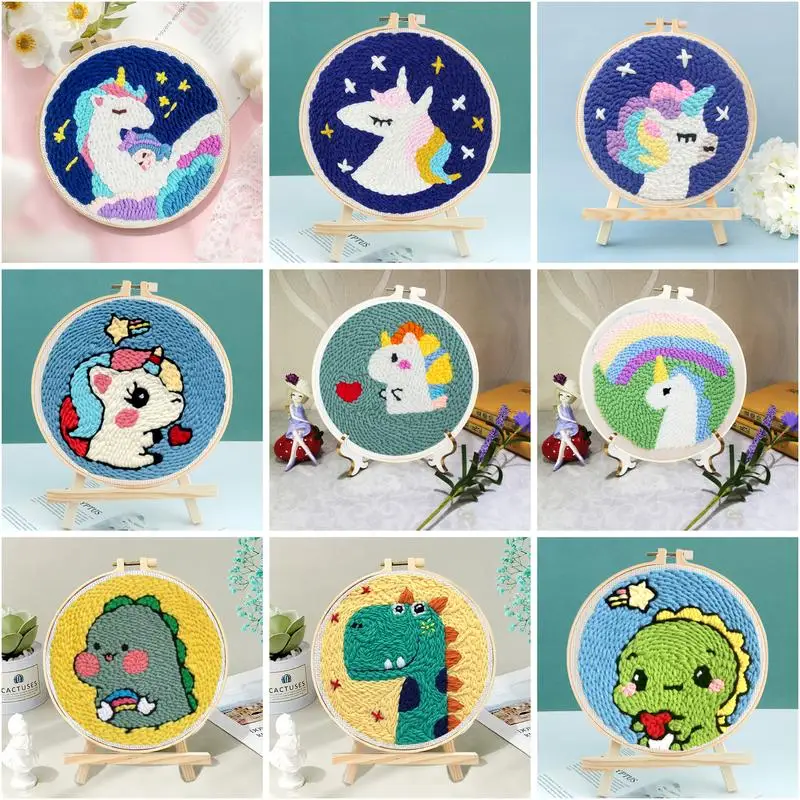 

GATYZTORY Embroidery Starter Kit With Punch Needle Cute Animal Unicorn Dinosaur Diy Craft Magic Tufting Supplies Tool Set Decor