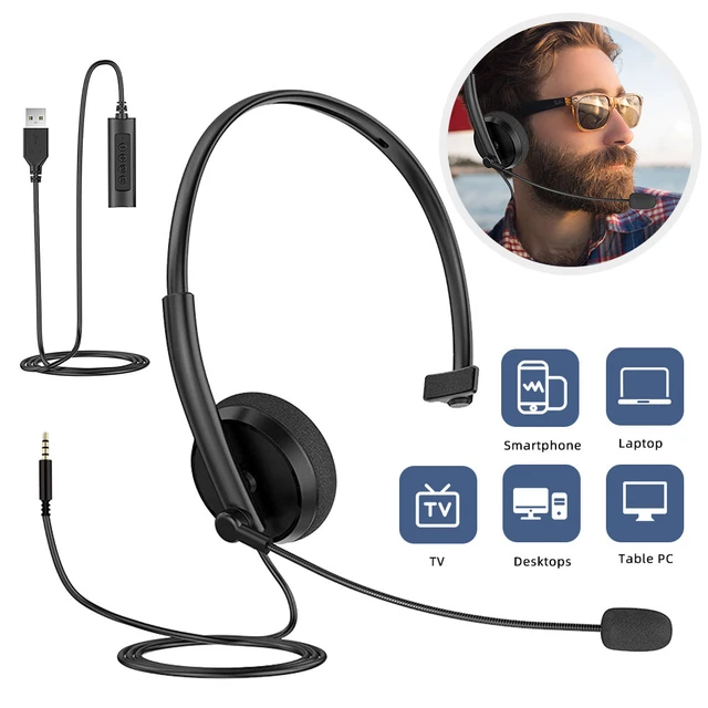 Casque USB avec microphone, prise jack 3.5 mm, casque d'ordinateur 2 en 1  avec suppression du bruit et commandes audio pour ordinateur portable